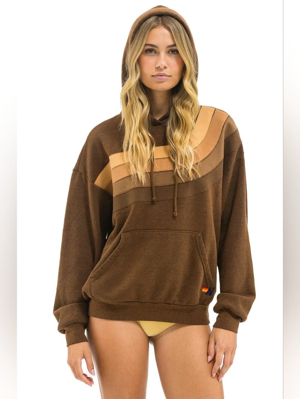 Aviator Nation Wave 4 Stripe Pullover Hoodie Relaxed Espresso Small